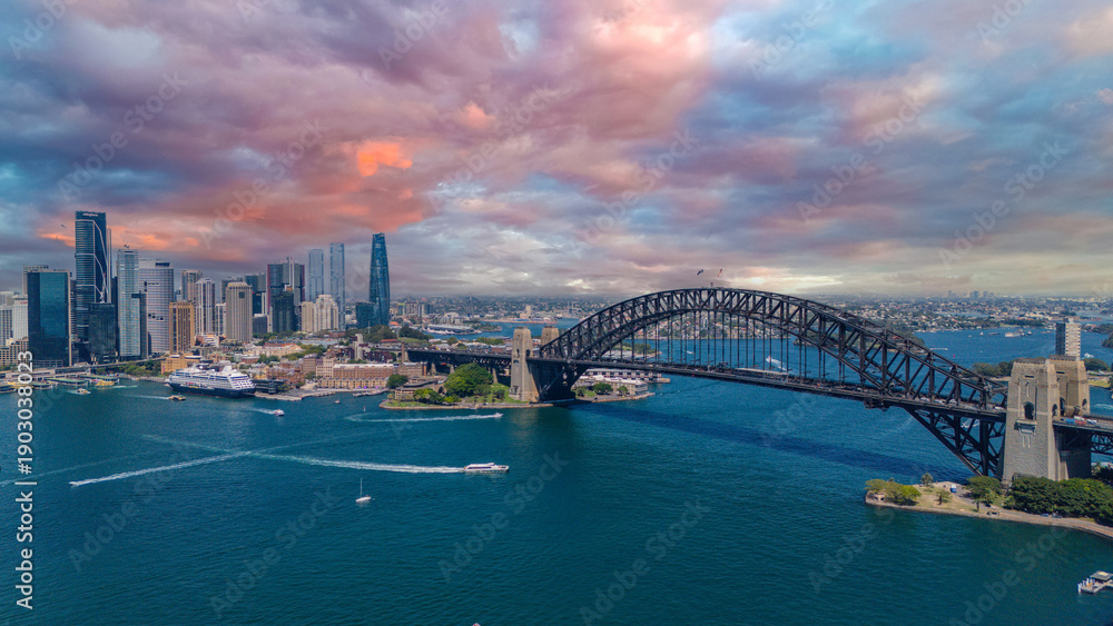 Fototapeta premium 5 February 2026 Aerial View of Sydney Harbour Circular Quay cruise Liner on a nice Summer day beautiful Sky in Sydney NSW Australia