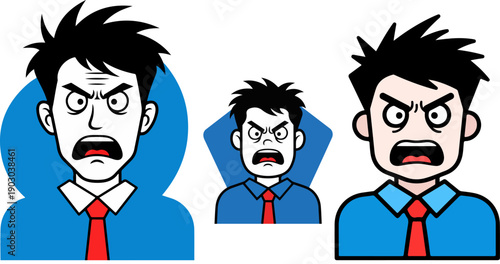 Three distinct cartoon illustrations of an angry businessman character showing intense frustration or extreme displeasure through a wide open mouth scream.anger, frustration, businessman, corporate, m