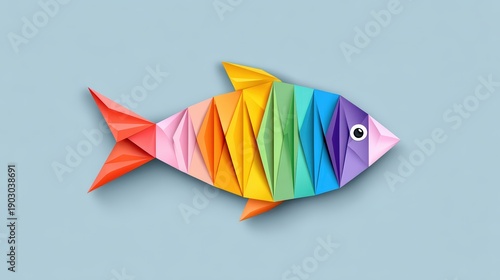 A colorful origami fish crafted from paper, showcasing vibrant hues and intricate folds against a soft blue background.