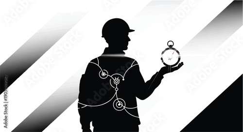 Silhouette of a person in a hard hat holding a glowing clock, symbolizing innovation and time management.