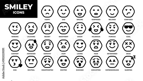 Smiley icon line set. Emoji icon collection containing happy emotion, sad, smiling, surprised, angry, relaxed, confused, laughing, excited and shocked emoticon icons. Vector outline illustration.