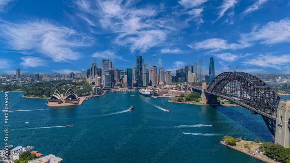 Fototapeta premium 5 February 2026 Aerial View of Sydney Harbour Circular Quay cruise Liner on a nice Summer day beautiful Sky in Sydney NSW Australia