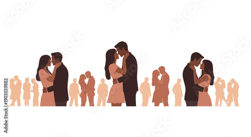 Diverse couples embracing closely in silhouette illustration style, capturing romantic moments amidst a crowd setting for illustration projects.
