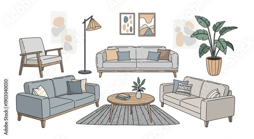 A cozy living room illustration featuring sofas chairs and decorative elements