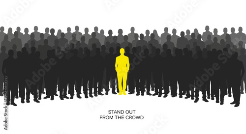 Striking yellow silhouette figure standing confidently apart from a large mass of dark, anonymous people symbolizing uniqueness and leadership potential.