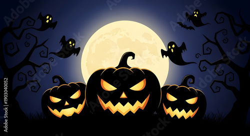 Spooky Halloween Night with Jack-o'-lanterns and Ghosts under a Full Moon