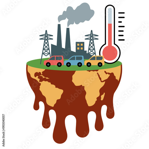Earth melting due to industrial pollution and global warming from vehicle emissions and factory smokestacks