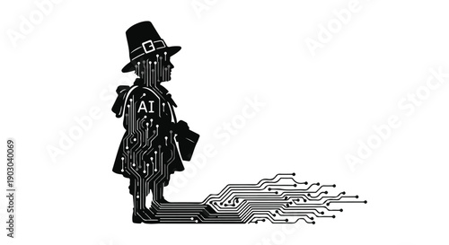 A child's silhouette, embodying AI, casting a digital circuit board shadow, representing technology's future