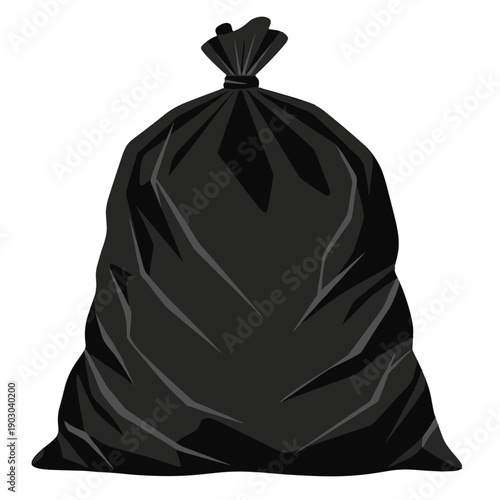 Illustration of a tied black rubbish bag on a white background from a front viewpoint