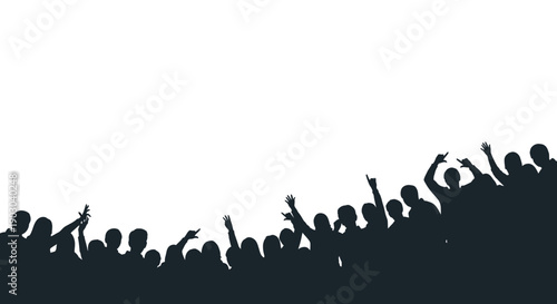 Silhouetted crowd of enthusiastic people with raised hands cheering during a vibrant live music concert or sporting event against a stark white backdrop.