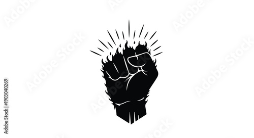 Powerful fist raised in defiance, symbolizing strength and revolution with fiery energy.