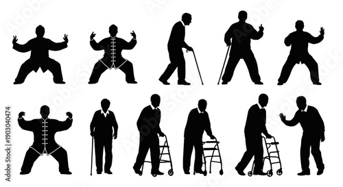 Collection of black silhouette icons depicting older men practicing tai chi movements and using mobility aids like canes and walkers.