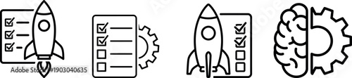 Startup outline icons vector set for business launch and strategic planning on transparent background