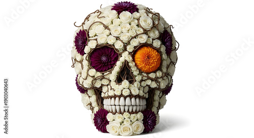 Exquisite floral skull composition blooming with vibrant colors, a unique artistic interpretation of life, death, and remembrance, crafted with delicate petals
