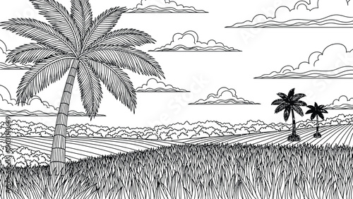Line drawing of a serene landscape shows tall palm trees, a field of grass, distant hills, and fluffy clouds in the sky, creating a calm and peaceful scene.