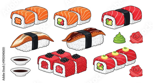 A colorful assortment of various sushi rolls and accompanying condiments