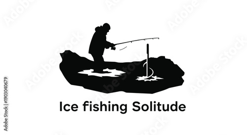 Lone angler enjoys peaceful moment ice fishing on frozen lake at dawn