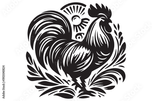 Vintage linocut rooster design with floral elements