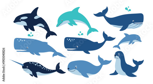 A collection of cartoon whales and dolphins swimming in blue hues