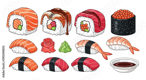 A colorful assortment of various sushi rolls and accompanying condiments