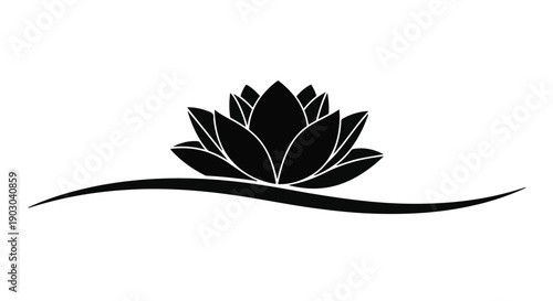 Elegant black lotus flower silhouette on a smooth wave, symbolizing purity and peace.