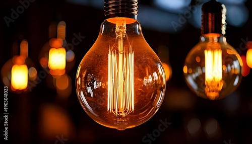 Close-up of glowing Edison-style lightbulbs with warm ambience