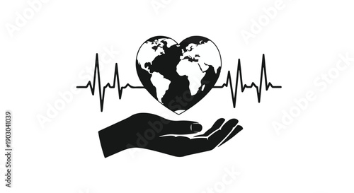Caring hand holds a heart-shaped Earth with heartbeat line, symbolizing global health and life.