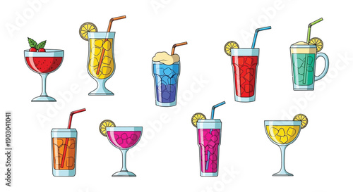 Colorful assortment of illustrated tropical cocktails in various glasses