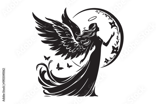 Angel silhouette with wings and halo under crescent moon