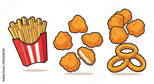 Cartoon illustration of french fries chicken nuggets and onion rings