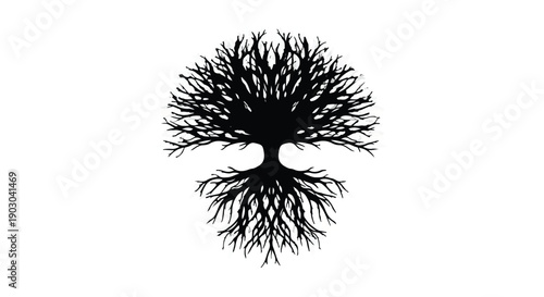 Intricate silhouette of a tree with sprawling roots against a clean white background, symbolizing growth and connection.