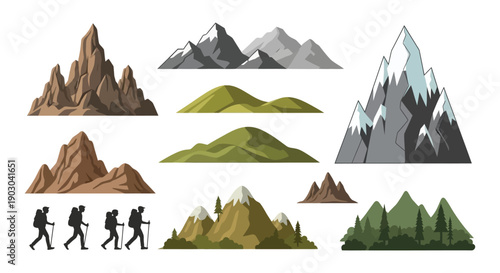Collection of mountain illustrations with hikers and varied terrain