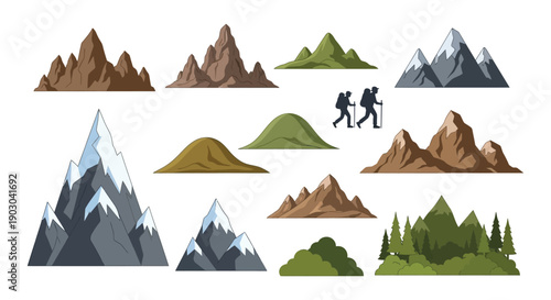 Collection of mountain illustrations with hikers and varied terrain