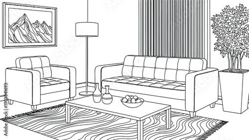 Modern living room line drawing with a sofa, armchair, lamp, and coffee table. Decorative rug, wall art, and potted plant add a cozy touch.