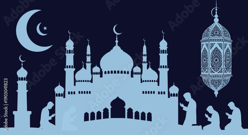 People praying at mosque during Ramadan with crescent moon