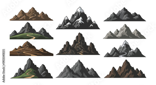 Collection of mountain illustrations with hikers and varied terrain