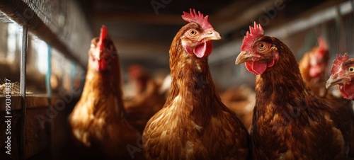The brown hens in a rustic poultry coop bathed in warm natural light