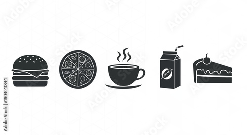 Set of food icons including burger, pizza, coffee, milk, cake