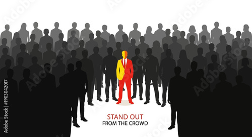 Striking visual metaphor illustrating the concept of standing out boldly from an anonymous, dark silhouette crowd through unique identity and visibility.