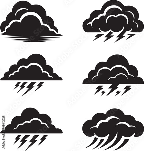 Black cloud weather icons with lightning and rain on white background