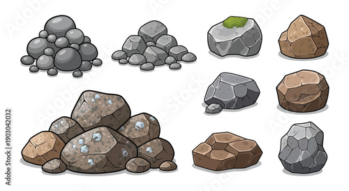 Cartoon illustration of various sized and colored rocks and stone piles