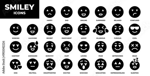 Smiley icon set glyph. Containing happy, sad, smiling, surprised, angry, relaxed, confused, laughing, excited, disappointed and shocked emoticon icons. Emoji icon collection. Vector illustration.