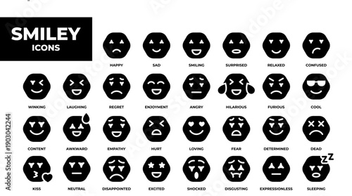 Smiley icon set glyph. Containing happy, sad, smiling, surprised, angry, relaxed, confused, laughing, excited, disappointed and shocked emoticon icons. Emoji icon collection. Vector illustration.