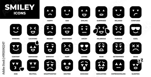 Smiley icon set glyph. Containing happy, sad, smiling, surprised, angry, relaxed, confused, laughing, excited, disappointed and shocked emoticon icons. Emoji icon collection. Vector illustration.