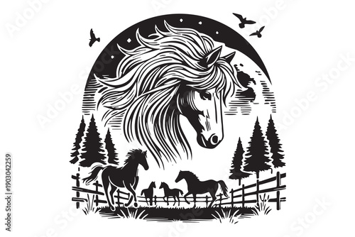 Majestic horse under starry night sky with herd