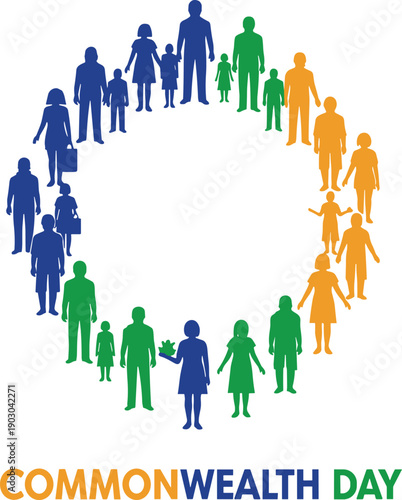 Commonwealth Day celebration illustration, diverse silhouettes in circle, unity and inclusivity concept, flat vector design, colorful community graphic