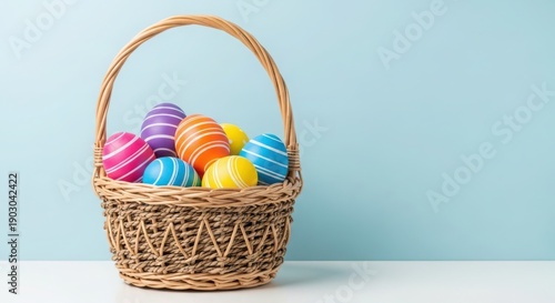 A wicker basket filled with colorful easter eggs on a white surface.