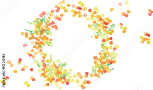 水彩画。水彩タッチのミモザのベクターイラスト。春のミモザ水彩フレーム。Watercolor painting. Vector illustration of a mimosa with a watercolor touch. Spring mimosa watercolor frame.