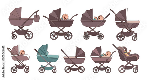 Collection of colorful baby products including strollers car seats and clothing