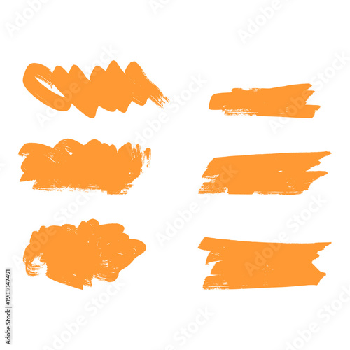 Set of Six Orange Paint Brush Stroke Grunges for Abstract Design